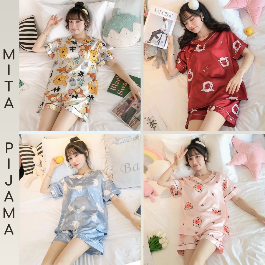 Đồ bộ nữ pijama lụa cao cấp mặc nhà tay ngắn siêu cute dễ thương – P1