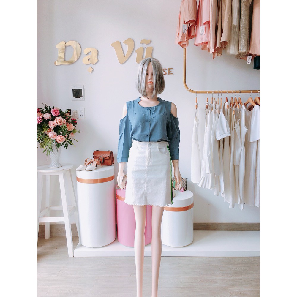 ÁO SƠ MI KIỂU KHOÉT VAI MÀU XANH- Dạ Vũ House