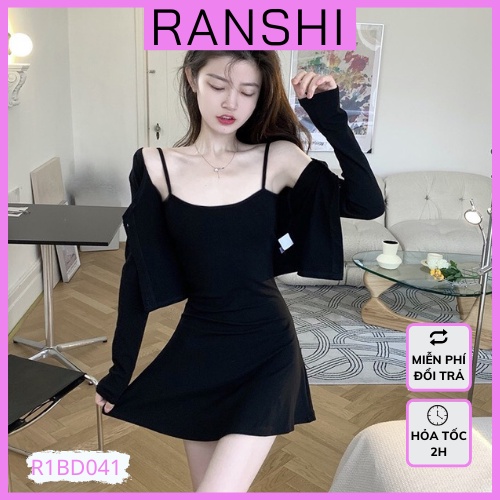Set Váy Dài Tay RANSHI Đầm Body Kèm Áo Khoác Mỏng Tay Dài Vải Thun Co Giãn Trẻ Trung Năng Động - R1BD041