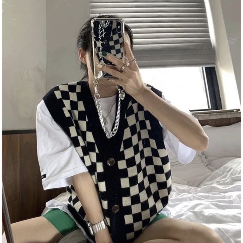 Áo cardigan - áo gile họa tiết caro phong cách hàn quốc chất vải len đan