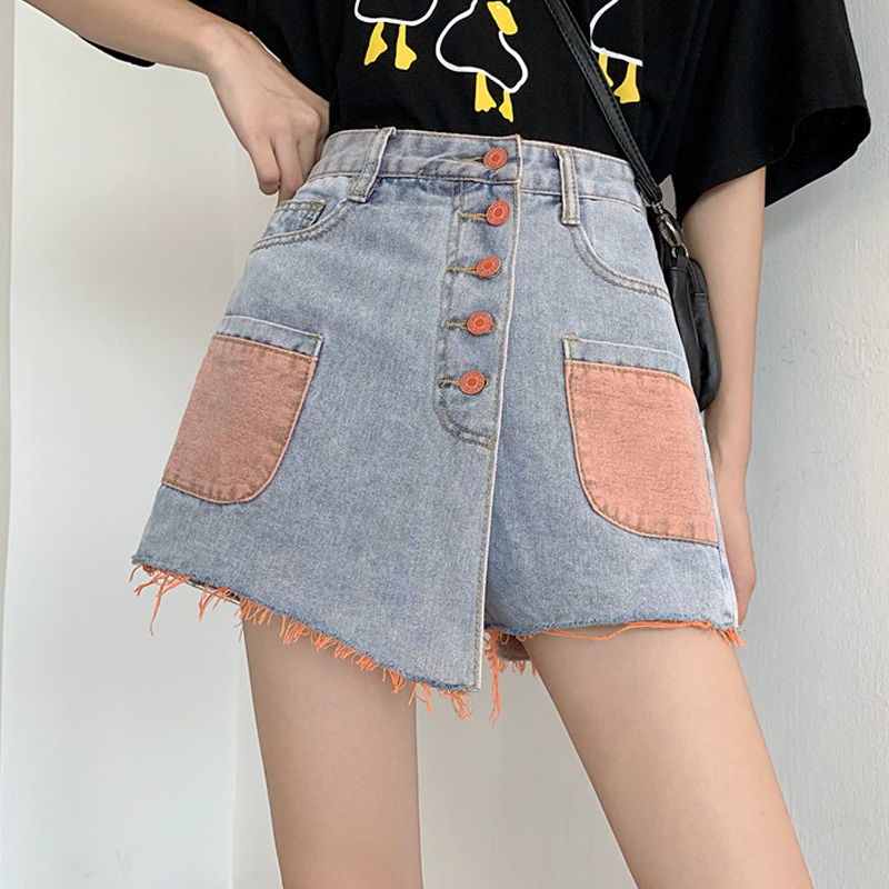 Quần Short Denim Giả Váy Eo Cao Kiểu Hàn Quốc Thời Trang Mùa Xuân 2021 Cho Nữ