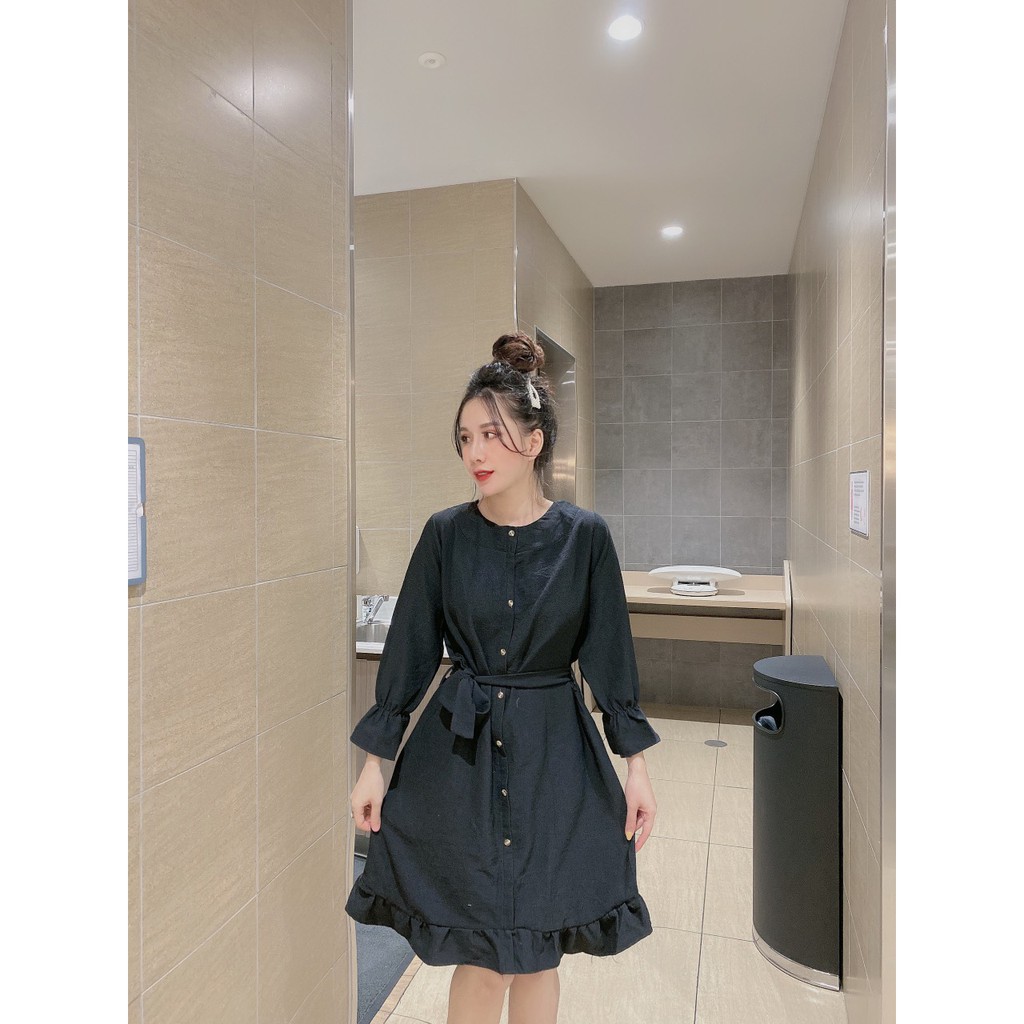 váy suông tay bo dài tay cổ tròn thắt nơ đuôi cá chất nhung tăm siêu hot | BigBuy360 - bigbuy360.vn