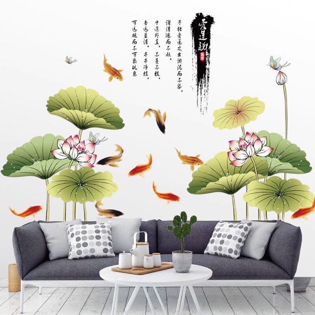 Decal trang trí Hồ Sen Cá KOI và chữ tàu tao nhã