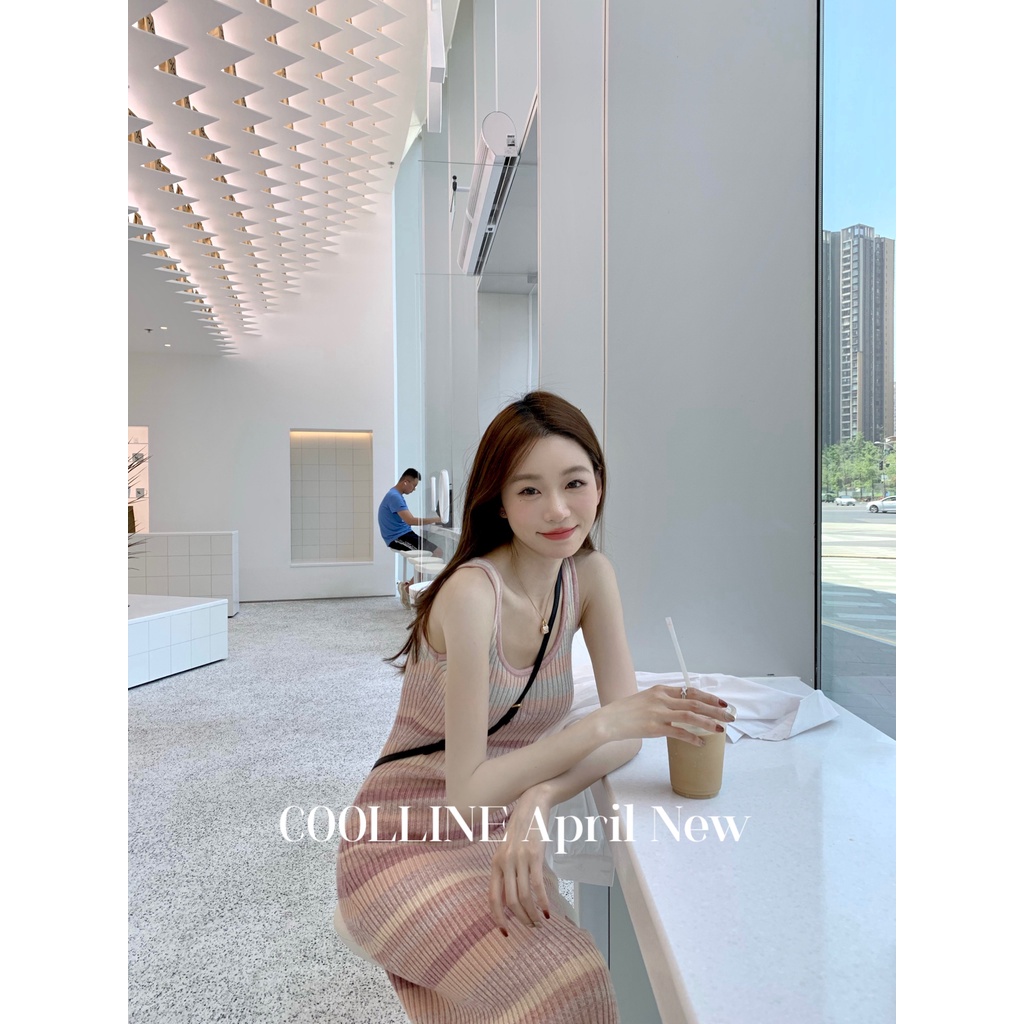 Cocory vn Đầm Dệt Kim Hai Dây Dáng Ôm Họa Tiết Kẻ Sọc Thời Trang Quyến Rũ Cho Nữ