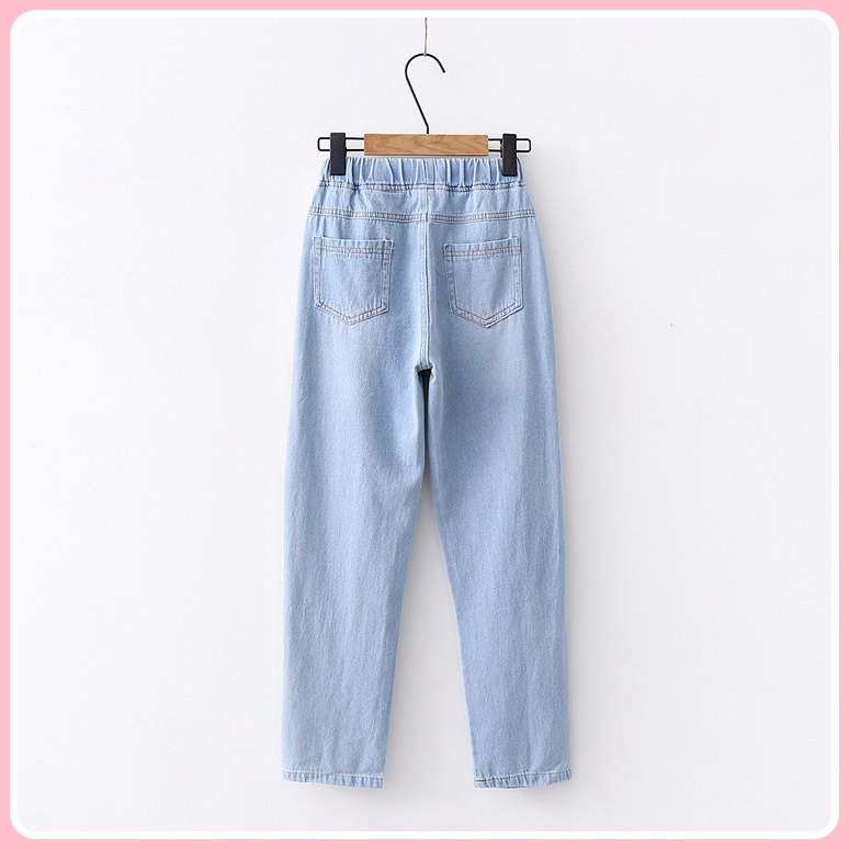 Quần jeans dài thêu mặt mèo - Xanh nhạt