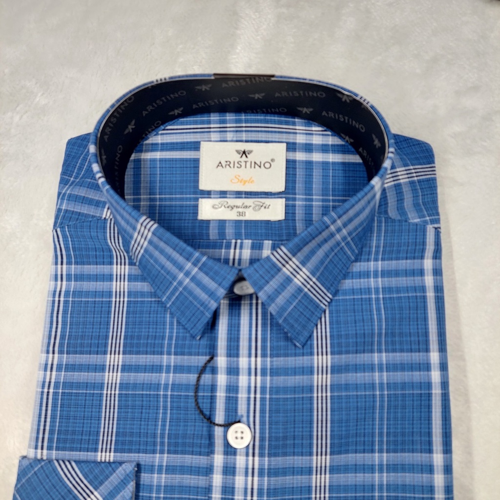 Áo Sơ Mi Nam Dài Tay ARISTINO ALS21101 Somi Công Sở Cao Cấp Màu Xanh Kẻ Trắng Chất Sợi Sồi Mềm Mát Dáng Suông Có Túi