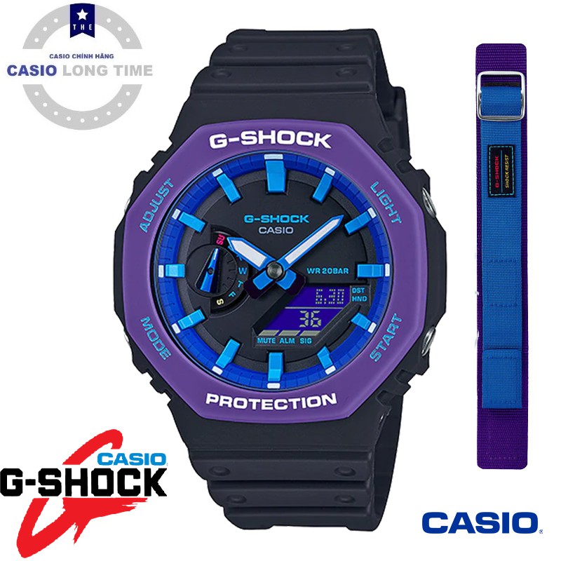 Đồng Hồ Nam Casio G Shock GA-2100THS-1A - Nam - Dây Nhựa Màu Đen - Viền Mặt Màu Tím - Bảo Hành 5 Năm - Tặng Dây Cao Cấp