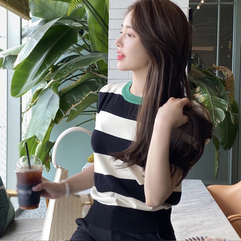 Áo dệt kim cổ tròn tay ngắn họa tiết sọc thời trang Hàn Quốc