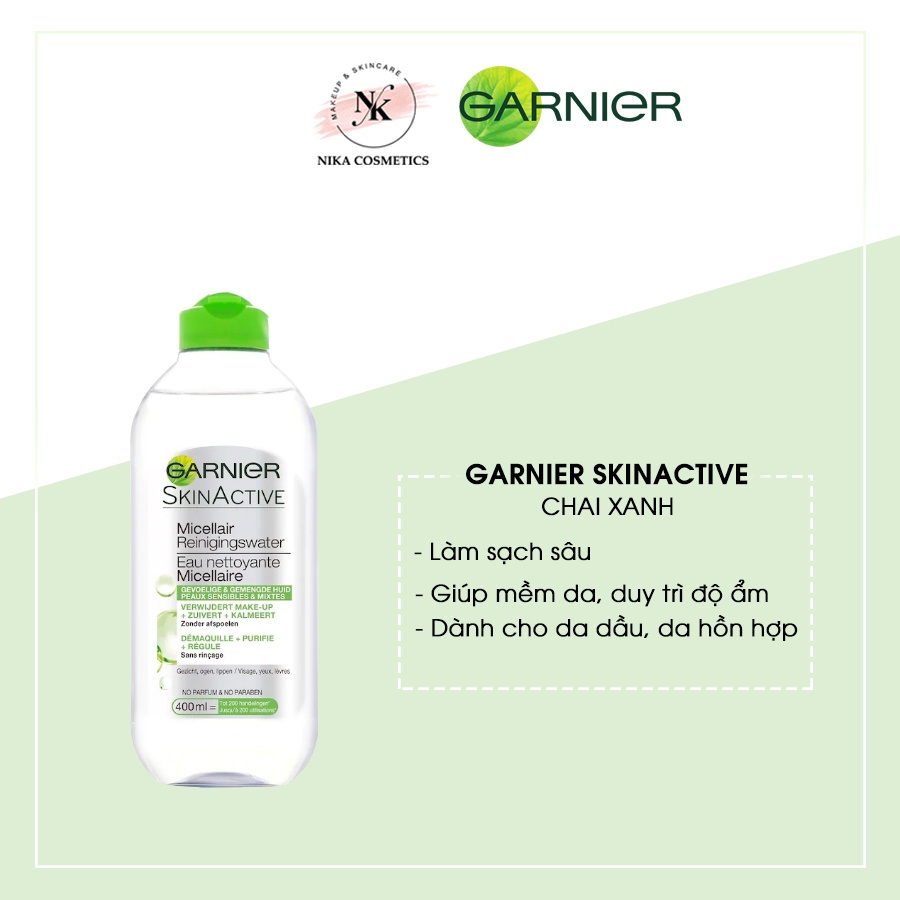 Nước tẩy trang làm sạch Garnier Micellar Cleansing Water 400ml cho mọi loại da [Nika Cosmetics]