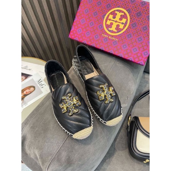 Giày lười đế cói thương hiệu Tory Burch da thật cao cấp
