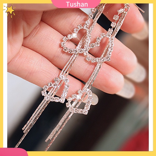 Đôi khuyên tai dài hình trái tim đính đá thời trang cho nữ