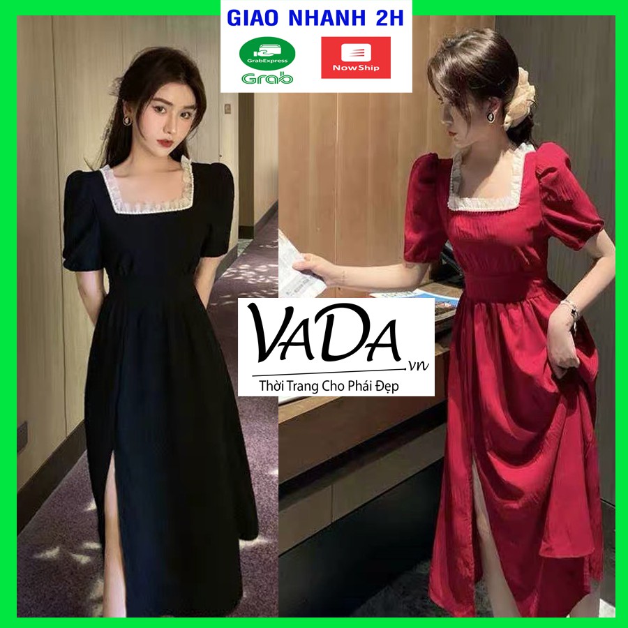 Đầm cổ vuông viền ren dự tiệc tay ngắn xinh đẹp dễ thương cho đi chơi, đi đám cưới cao cấp - Thời Trang VADA - D70