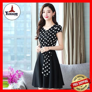 Đầm xòe chấm bi size m, l, xl tay con cột nơ thời trang công sở
