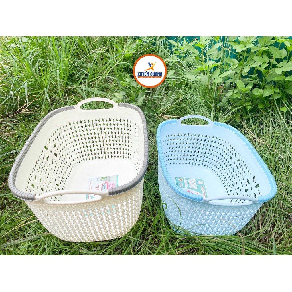 Giỏ nhựa việt nhật có quai 3378,Rổ nhựa đan giả mây,tiện lợi,siêu xinh,chính hãng