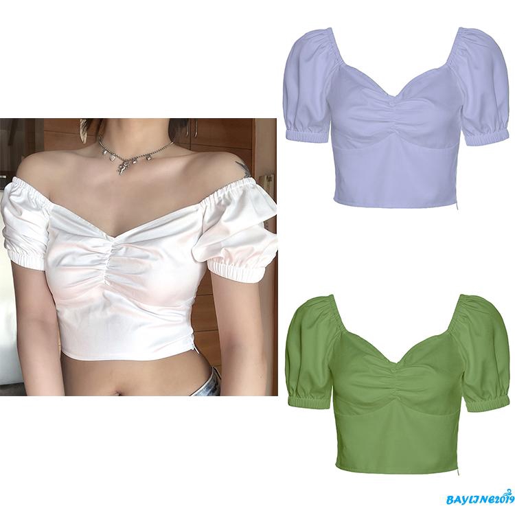 ❀ℳay-Women´s short sleeve square collar bubble elastic sleeve summer solid color top