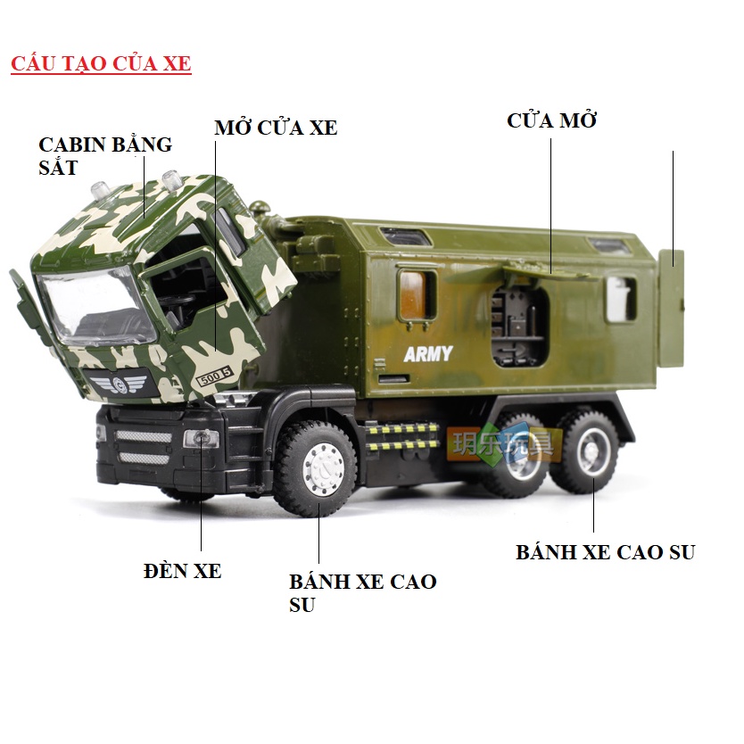 Xe mô hình ô tô quân đội 1:50 có đầu xe bằng sắt mở được cửa xe có âm thanh động cơ và đèn mở cửa