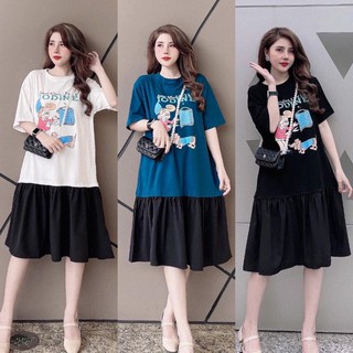Đầm suông phối phồng in hoạ tiết, Đầm thun cotton phối màu