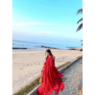 Đầm maxi voan tầng yếm hoa cổ