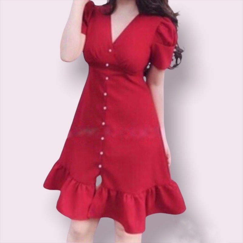 Đầm đi tiệc ôm nhẹ chữ A cổ V đuôi cá tay phồng đỏ Tết
