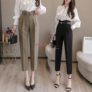 Quần baggy đen nữ đi học dáng dài - Cạp lưng siêu cao co giãn nhẹ có đỉa thắt lưng belt - Mặc đi làm công sở học sinh