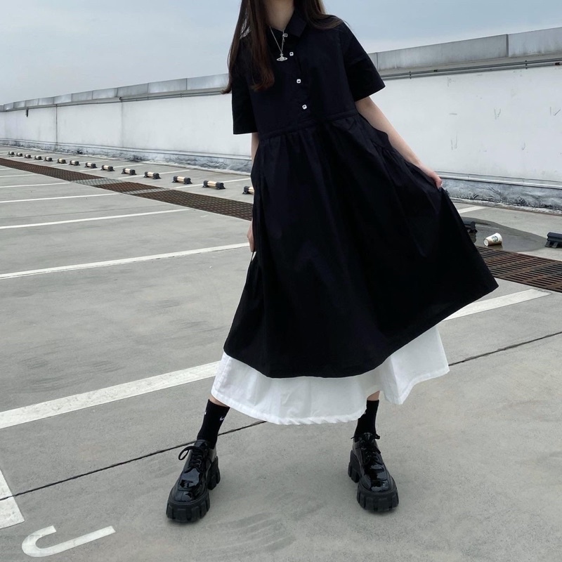 Đầm Midi Layer Dáng Xoè Đen Phối Trắng Korean Style Cực Chất