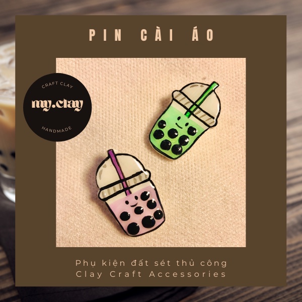 Pin cài/Ghim cài áo đất sét thủ công hoạ tiết hoạt hình Bubble Tea dễ thương phong cách hàn quốc cài áo, balo, mũ