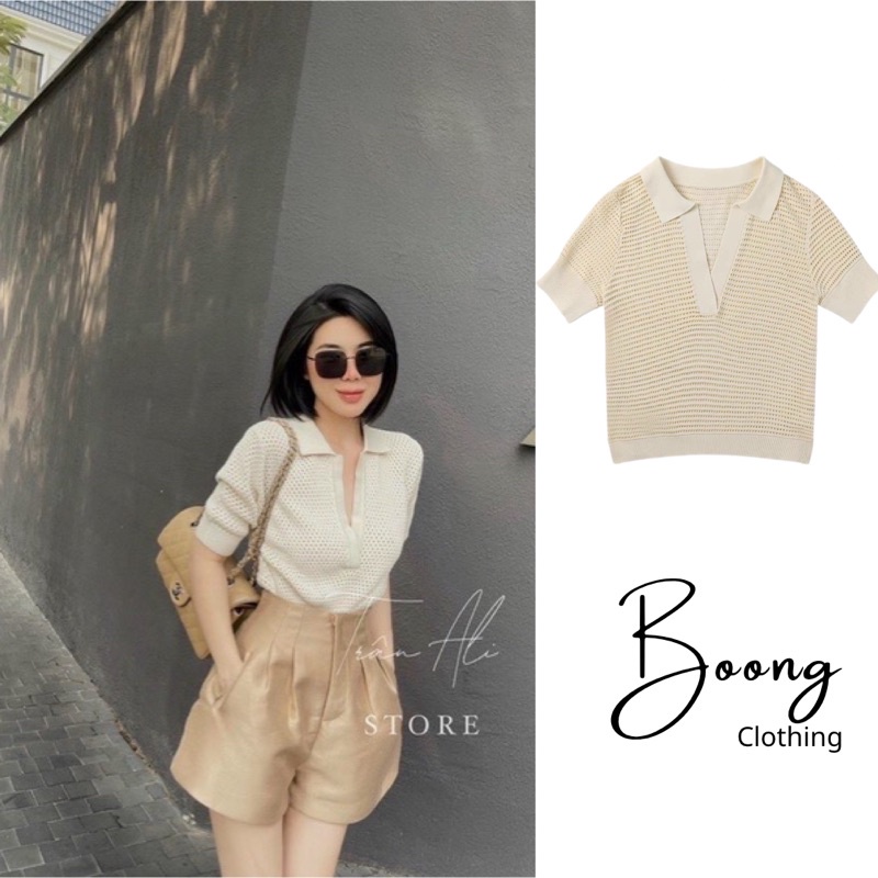 Áo polo len, áo len nữ cổ bẻ dệt lưới montoghi cộc tay vải mềm mịn boong_clothing