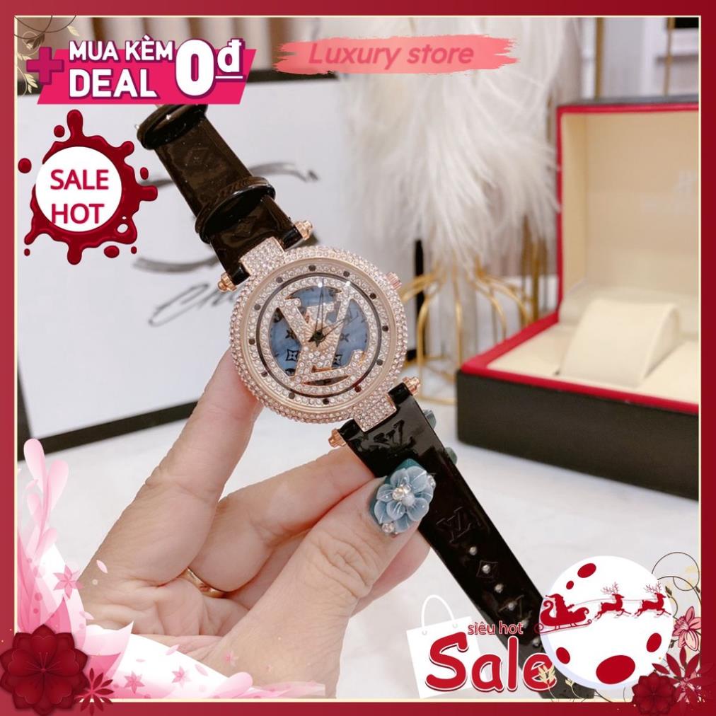 Đồng hồ nữ LV mặt xoay, đính đá, dây da có hoa văn size 34mm, bảo hành 12 tháng