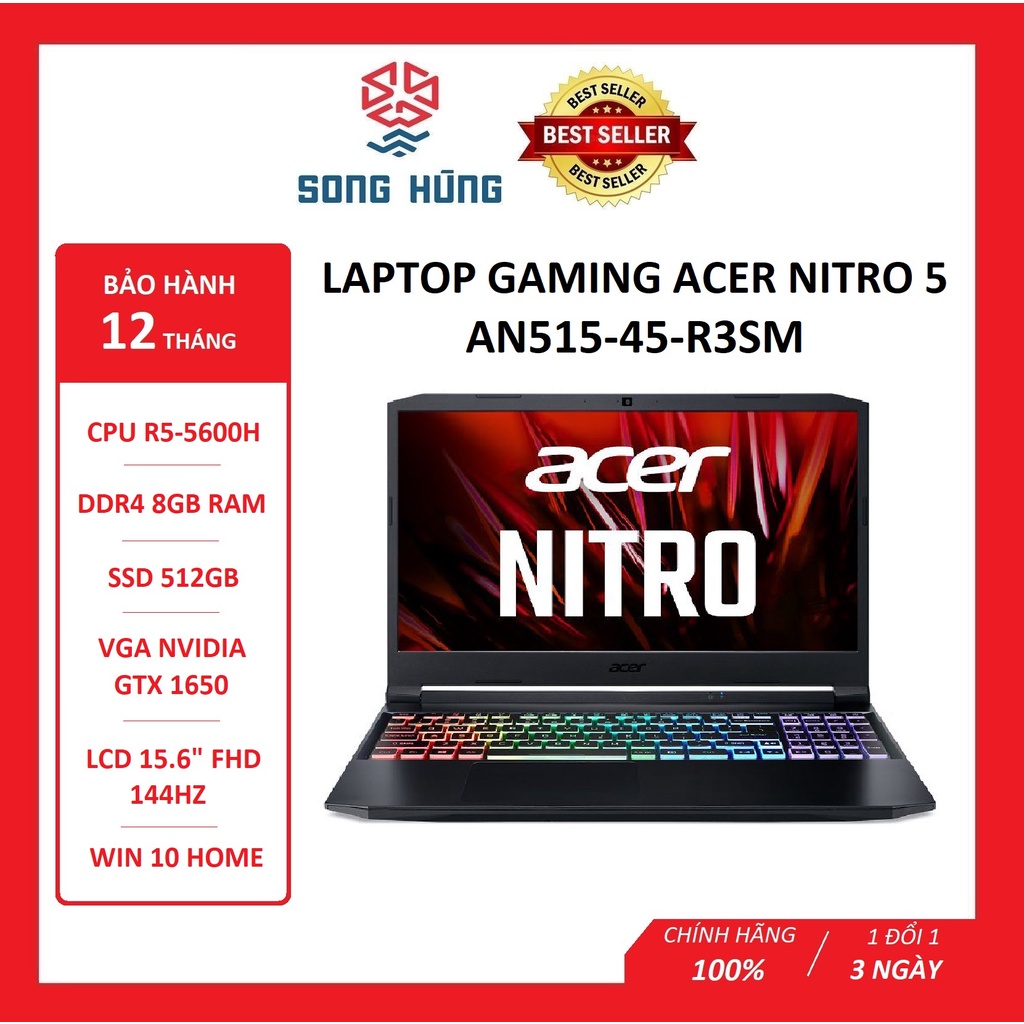 Laptop Acer Gaming Nitro 5 2021 AN515-45-R3SM 15 FHD IPS 144Hz/R5-5600H/8GB 3200/512 PCIe/AX/Win/GTX 1650/2.2kg Đen