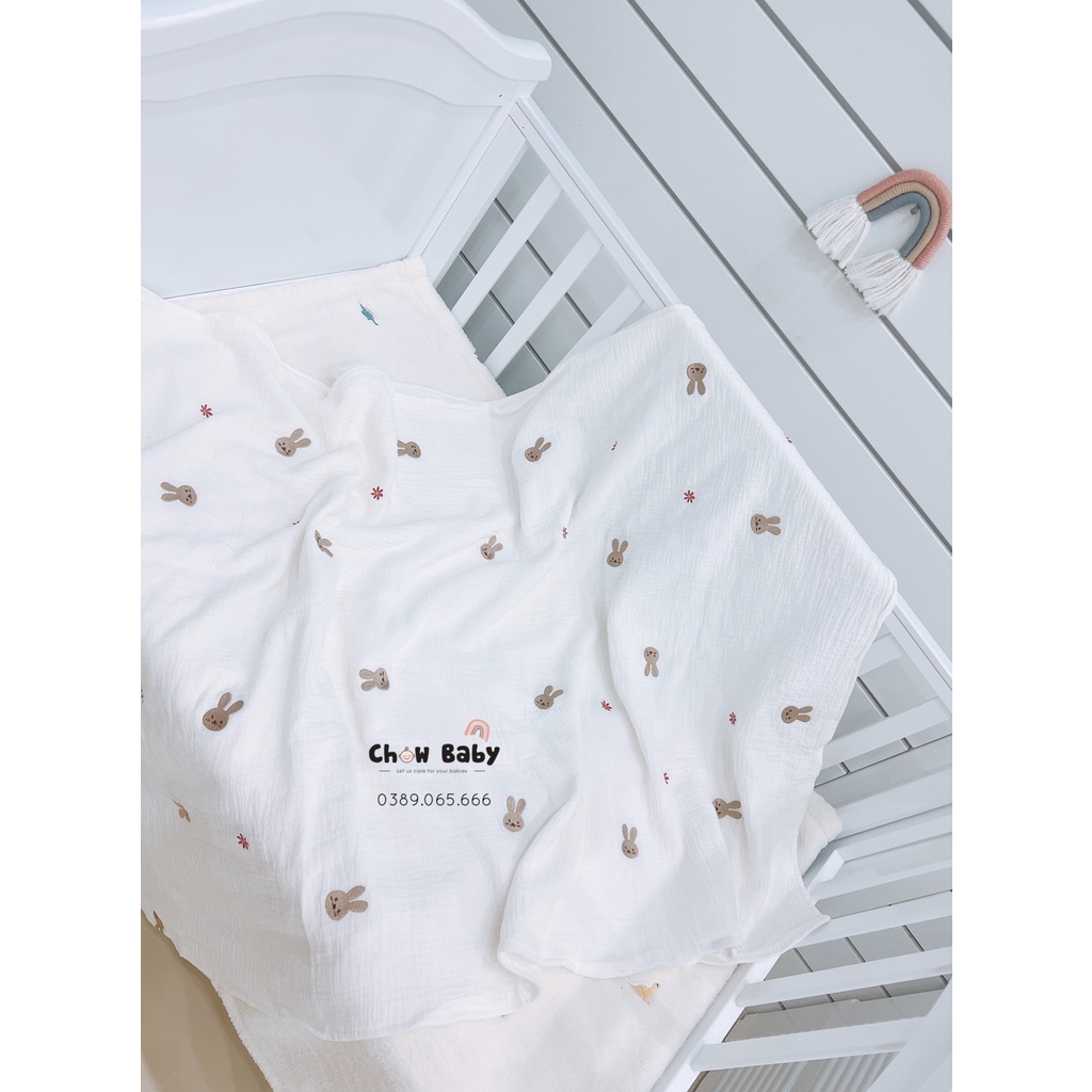 Chăn gạc vải xô 4 lớp kháng khuẩn cho bé thêu hình