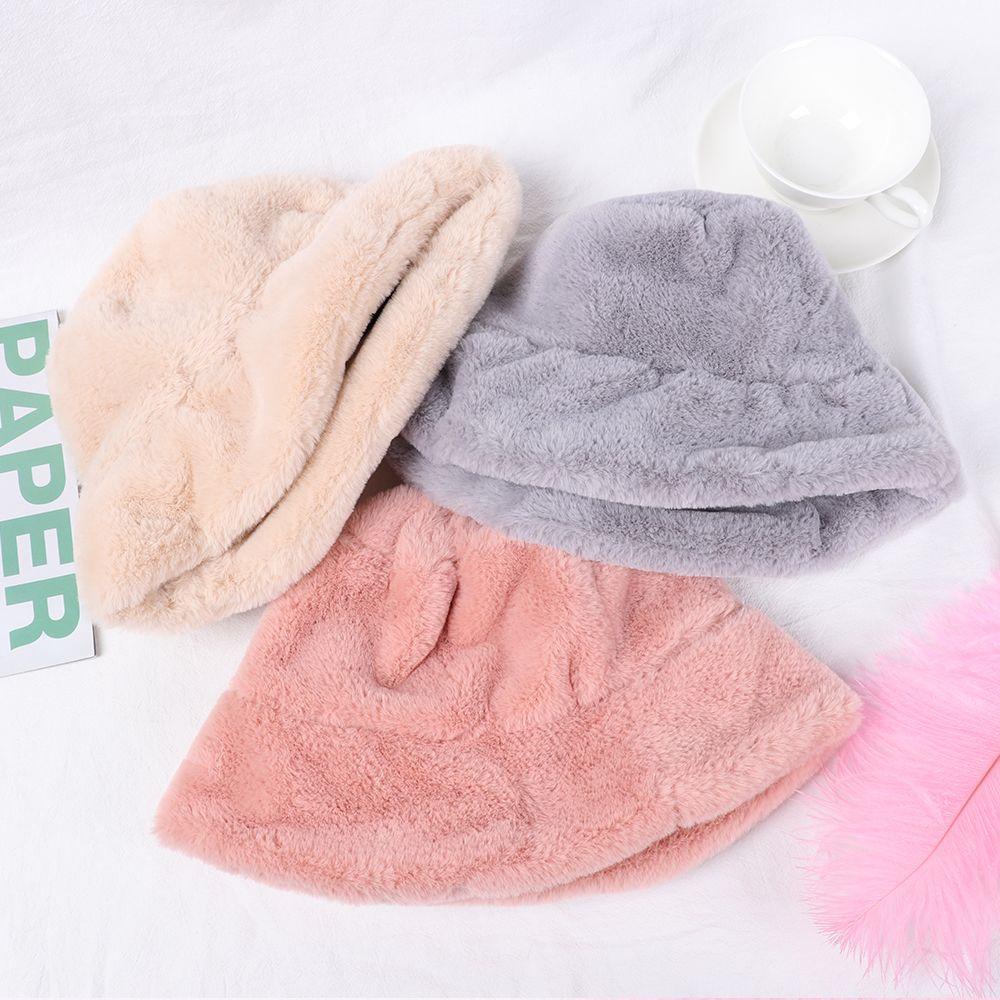 Mũ Bucket Lông Giả Màu Trơn Giữ Ấm Mùa Đông Cho Nữ