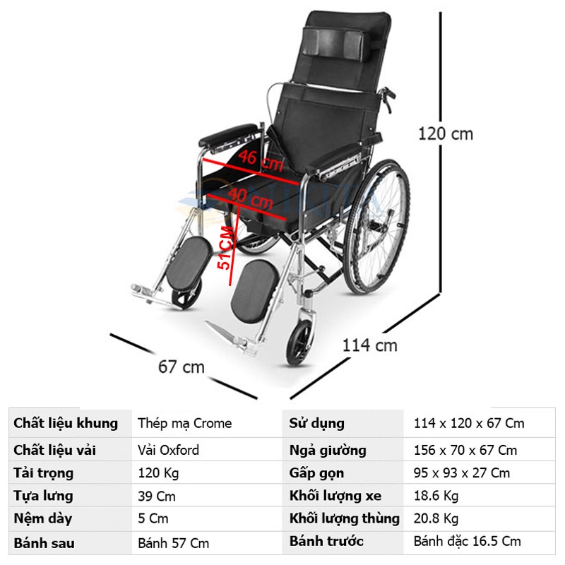 Xe lăn cho người già - Có thể ngã thành giường, bô vệ sinh, gập gọn du lịch