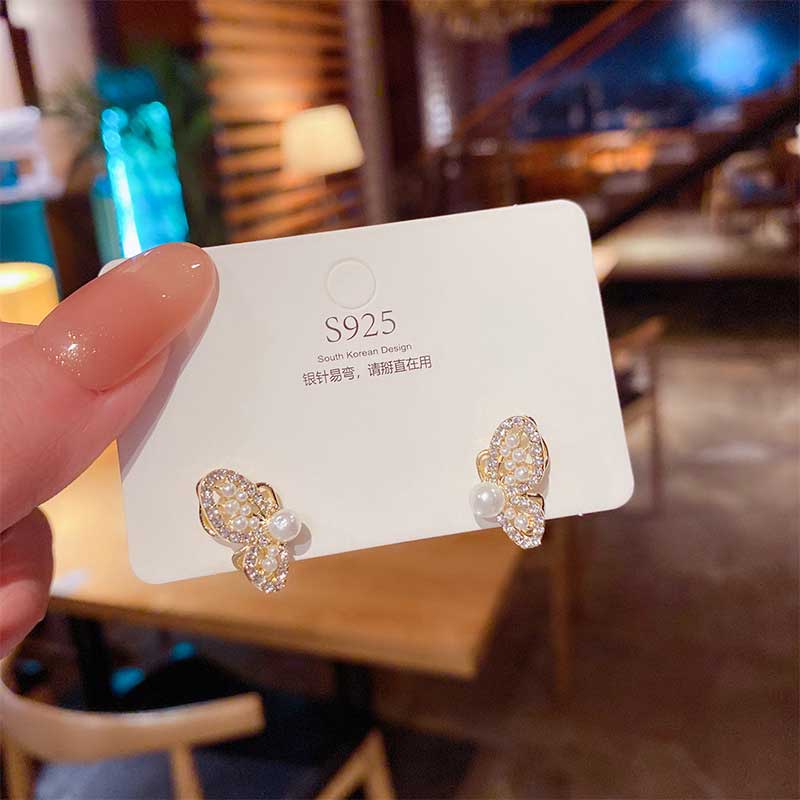 XiaoboACC Hoa Tai Họa Tiết Bươm Bướm Đính Ngọc Trai Zircon Thời Trang Hàn Quốc Đơn Giản