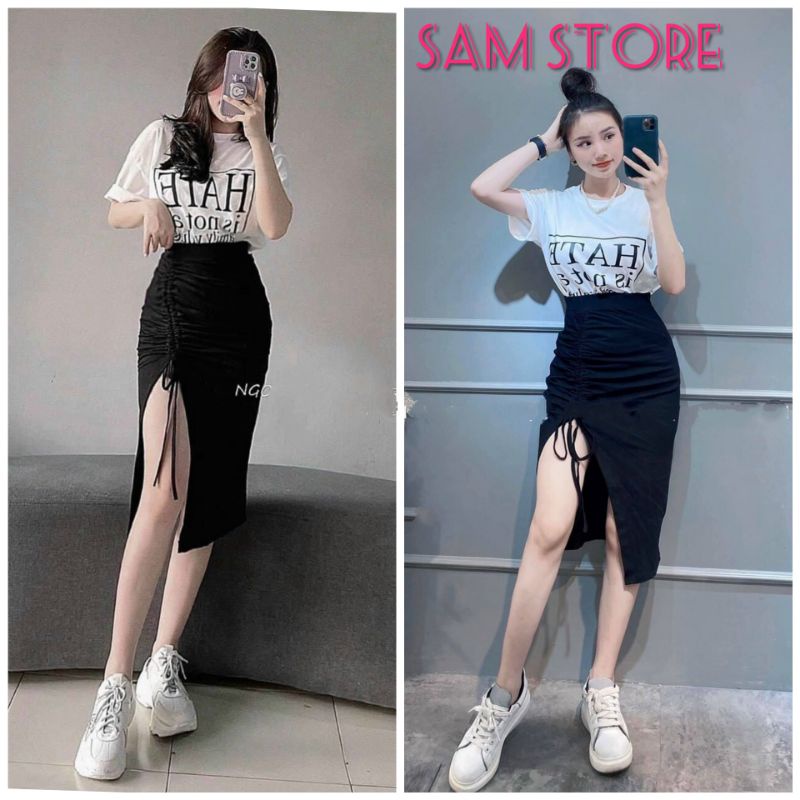 Set Váy Đen Xẻ Tà Và Áo Thun Trắng In Chữ HATE Size M SamStore