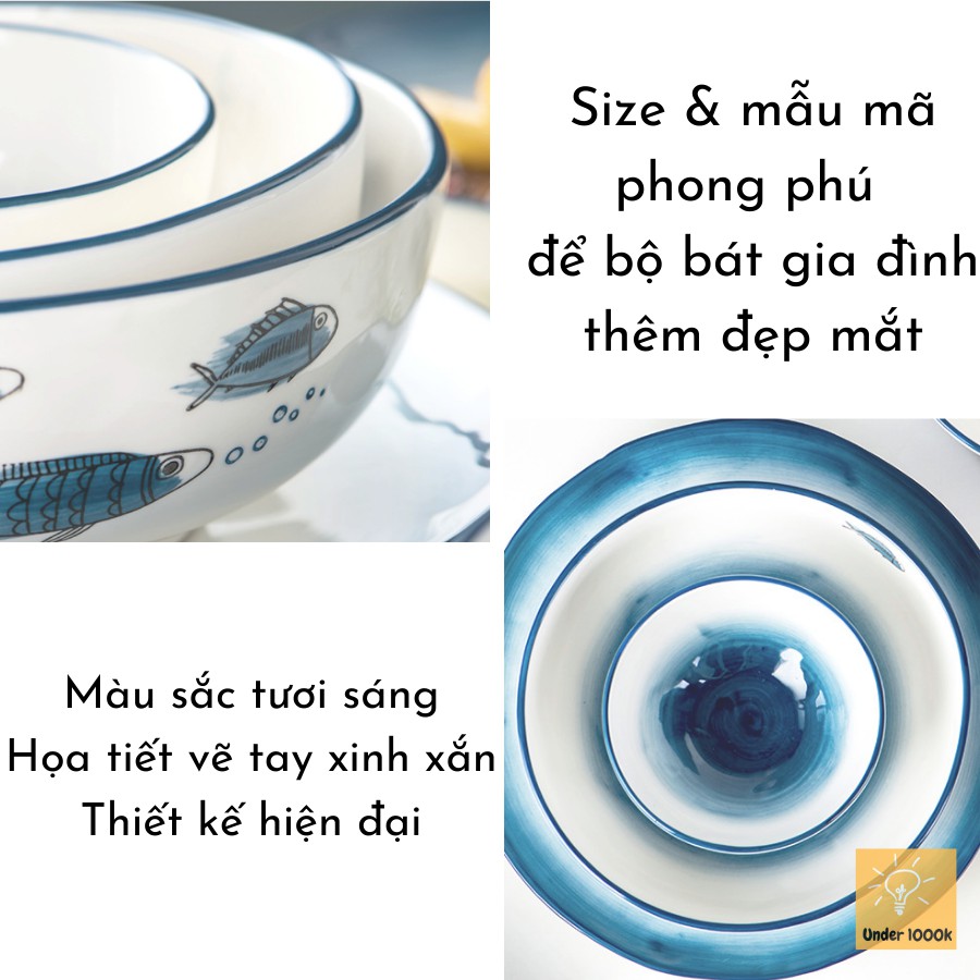 Đĩa sứ decor cá xanh viền xanh Under1000k