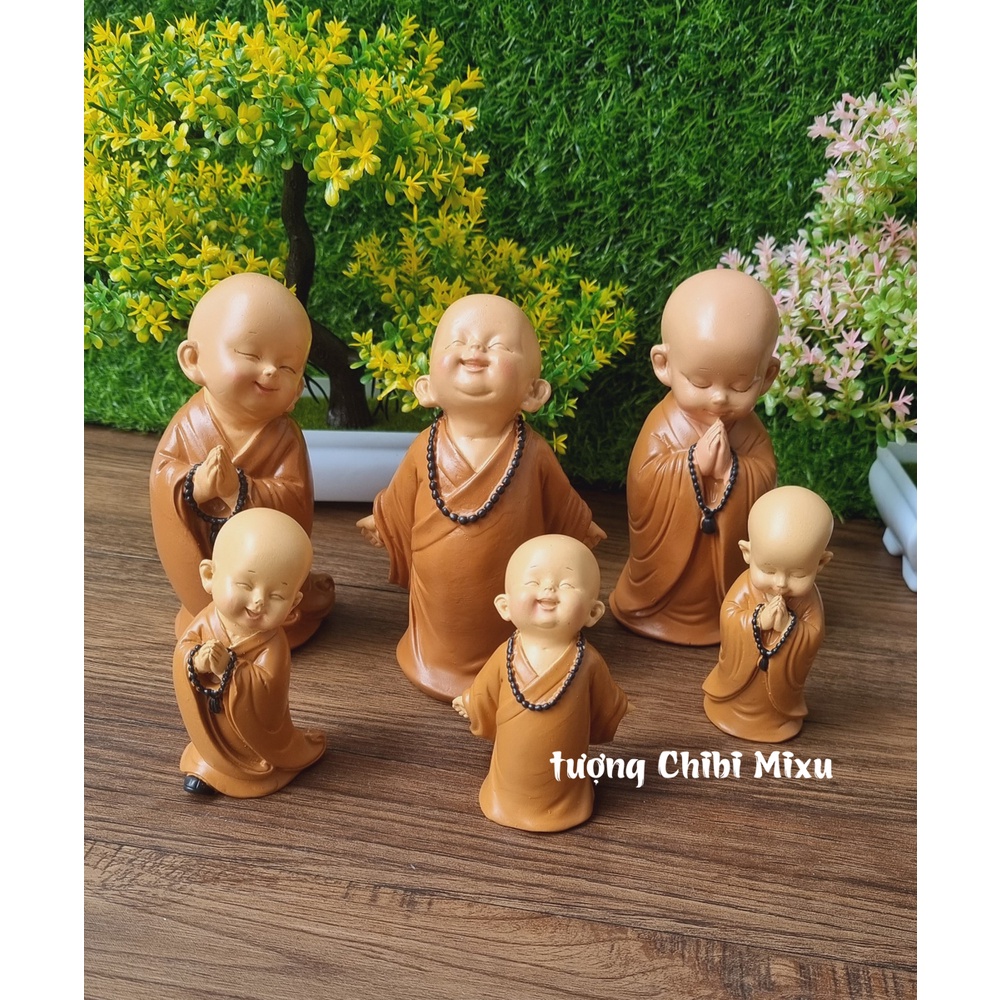 Bộ 03 tượng chú tiểu áo nâu - mẫu chú tiểu đứng đeo chuỗi 13cm