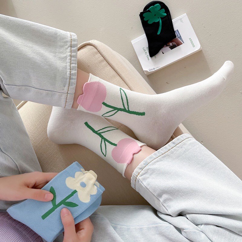 Tất vớ nữ cổ cao in họa tiết bông hoa, cỏ may mắn phong cách Hàn Quốc chất Cotton mềm mịn thấm hút mồ hôi cực tốt TD048