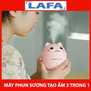 Máy Phun Sương Tạo Ẩm, Đèn Ngủ 3 Trong 1 Hình Mèo Cute, Tặng Kèm Đèn LED , Quạt Mini Kết Nối Cổng USB