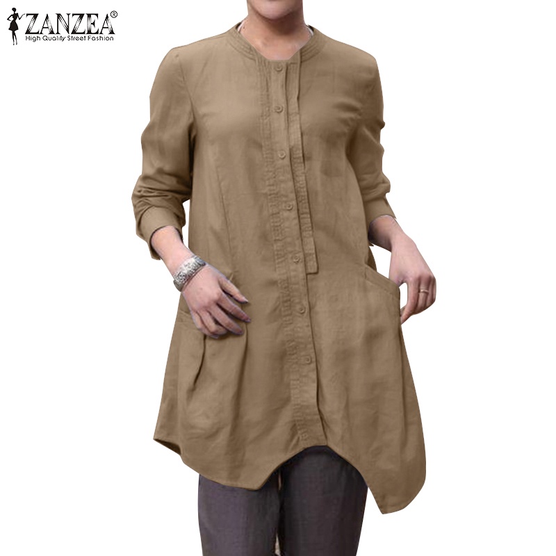 Áo sơ mi Zanzea tay dài vạt không đều có túi dành cho nữ