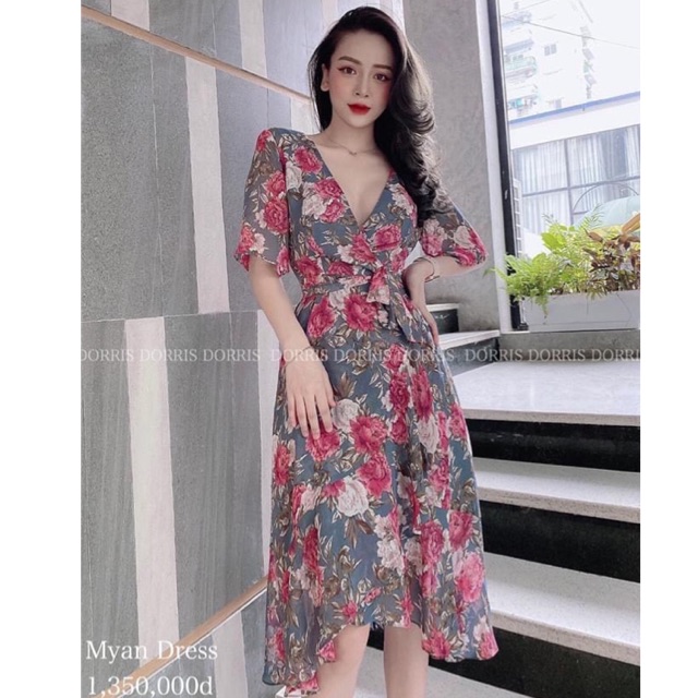 Váy hoa xanh ghi đỏ cổ V ( Hàng thiết kế)
