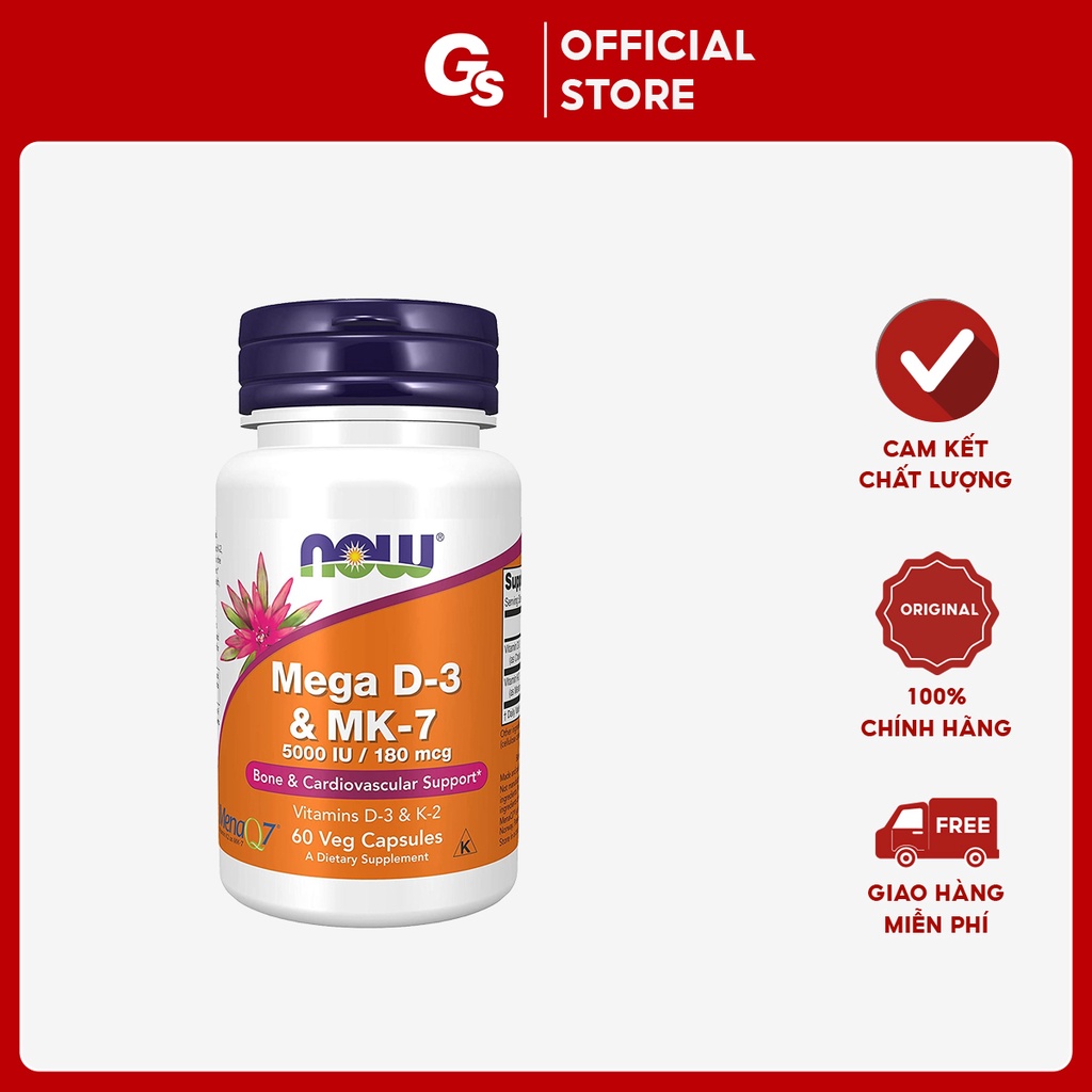 Viên uống Vitamin Now Mega D-3 & K-7, 60 viên nhập khẩu Mỹ phân phối Gymstore hỗ trợ tổng hợp Canxi, chống loãng xương
