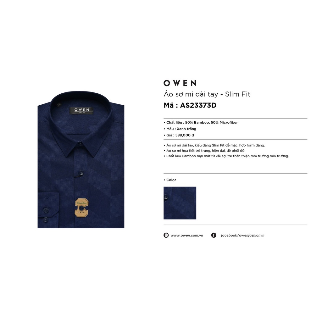 Áo Sơ Mi Nam Dài Tay Owen AS23373D Somi Công Sở Cao Cấp Màu Xanh Cô Ban Đậm Họa Tiết Dáng Ôm Không Túi Chất Sợi Tre