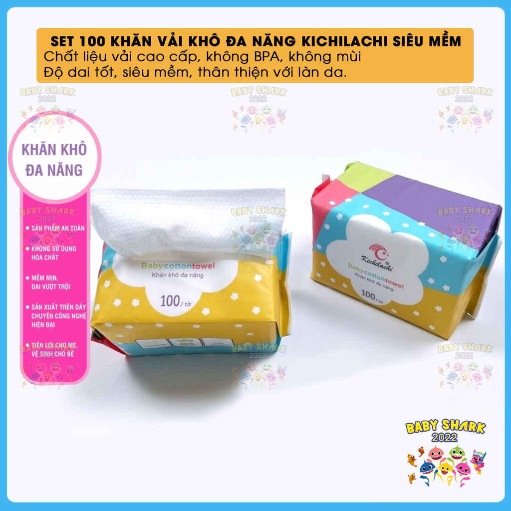 Khăn vải khô cao cấp, siêu dai, siêu mềm KICHILACHI 100 tờ cho bé