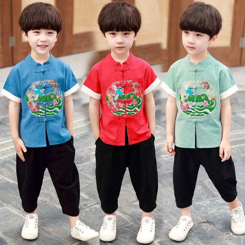 Set Đồ Bộ Ngắn Tay Phong Cách Trung Hoa Cho Bé Trai Từ 1-3 Tuổi