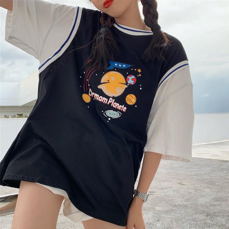 Áo thun tay lỡ phối tanktop kiểu áo bóng rổ unisex nam nữ form rộng PLANETE basic tee oversize 2 màu xanh đen siêu hot !