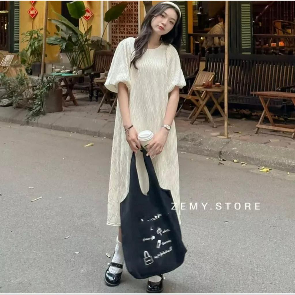 váy suông nữ vân sóng tay bồng 2 lớp,váy maxi xuông đi biển dự tiệc babydoll dáng dài V740 SUTANO