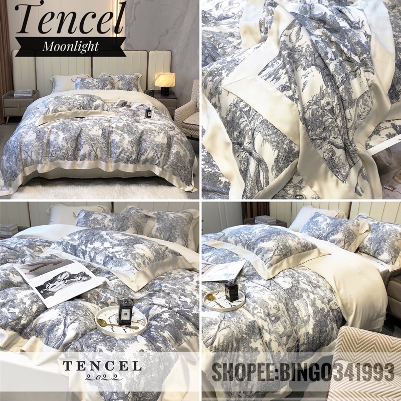 Bộ Chăn ga siêu phẩm Tencel MoonLight 100s mềm mịn mát lạnh hoạ tiết thanh lịch tinh tê