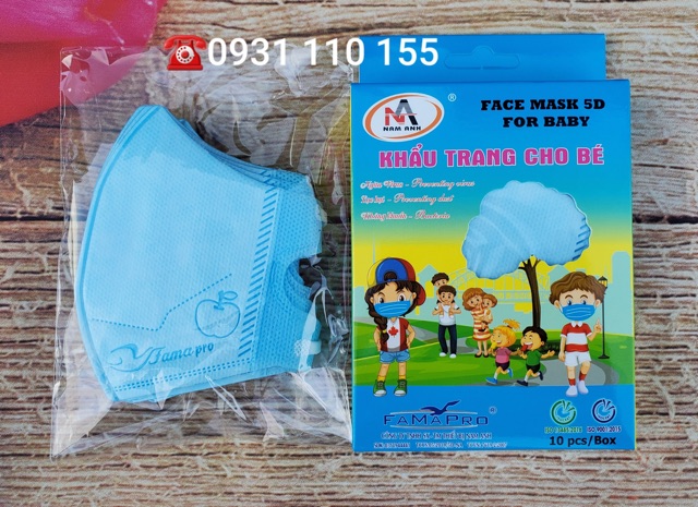 Hộp 10 cái khẩu trang y tế 5D Mask em bé Nam Anh Famapro xanh, trắng