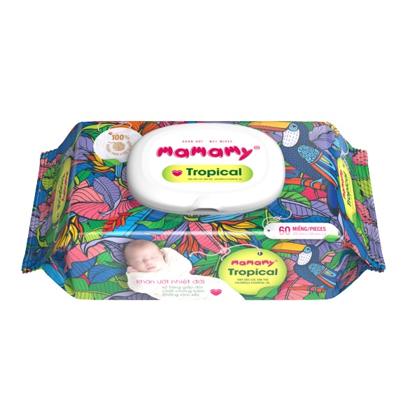 Khăn ướt mamamy tropical 60/90 tờ - 100% sợi tự nhiên ngừa hăm, rôm sảy kháng khuẩn giữ ẩm cho bé
