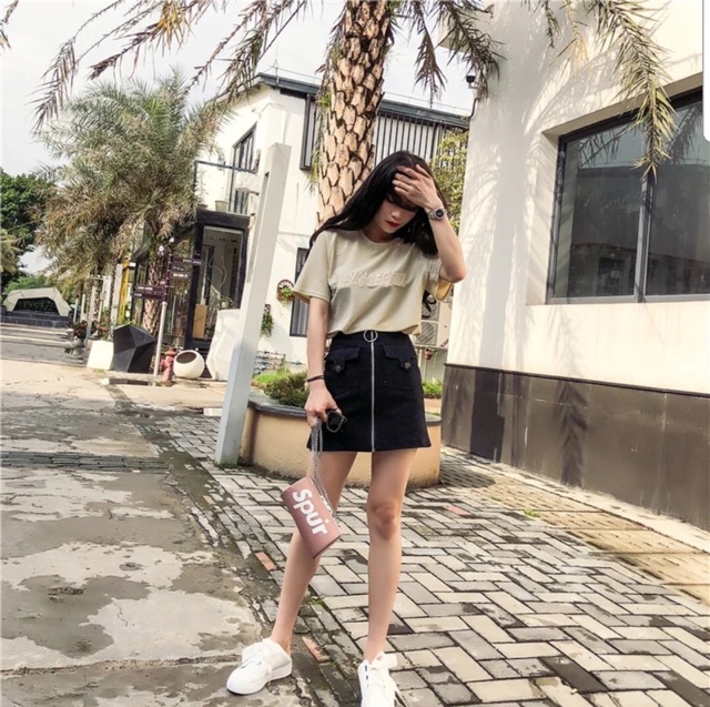 Chân váy Kaki khoá kéo tròn 2 túi đắp